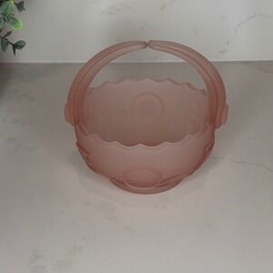 Vintage 1980s Lenox Imperial Pink Frosted Satin Glass Buttons & Bow Basket 5"